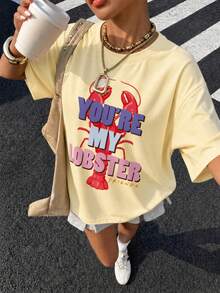 SHEIN X FRIENDS Summer Women Light Yellow Lobster Color Letter Print Oversized Casual Short Sleeve Tee - Yellow - View 2