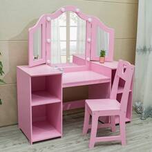 Tocador Infantil Princesa con Espejo Triple y Luz Táctil – Convertible a Mesa de Estudio, Estante de Almacenamiento + Silla Alta y Taburete Incluidos – Para Niñas, Madera Resistente - Rosa Roja - Ver 4