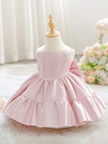 Baby Girls Square Neck Solid Color Bow Satin Cute Princess Dress For 1st Birthday Party And Daily Wear, Headband Not Included - Dusty Pink - View 3