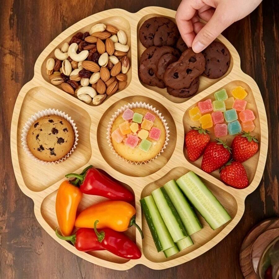 Plum Blossom 7-Compartment Multi-Scene Multi-Function Bamboo Divided Storage Tray, Desktop Jewelry & Sundries Organizer, Christmas New Year Spring Festival Housewarming Party Holiday Decor, Non-Food Contact - View 1