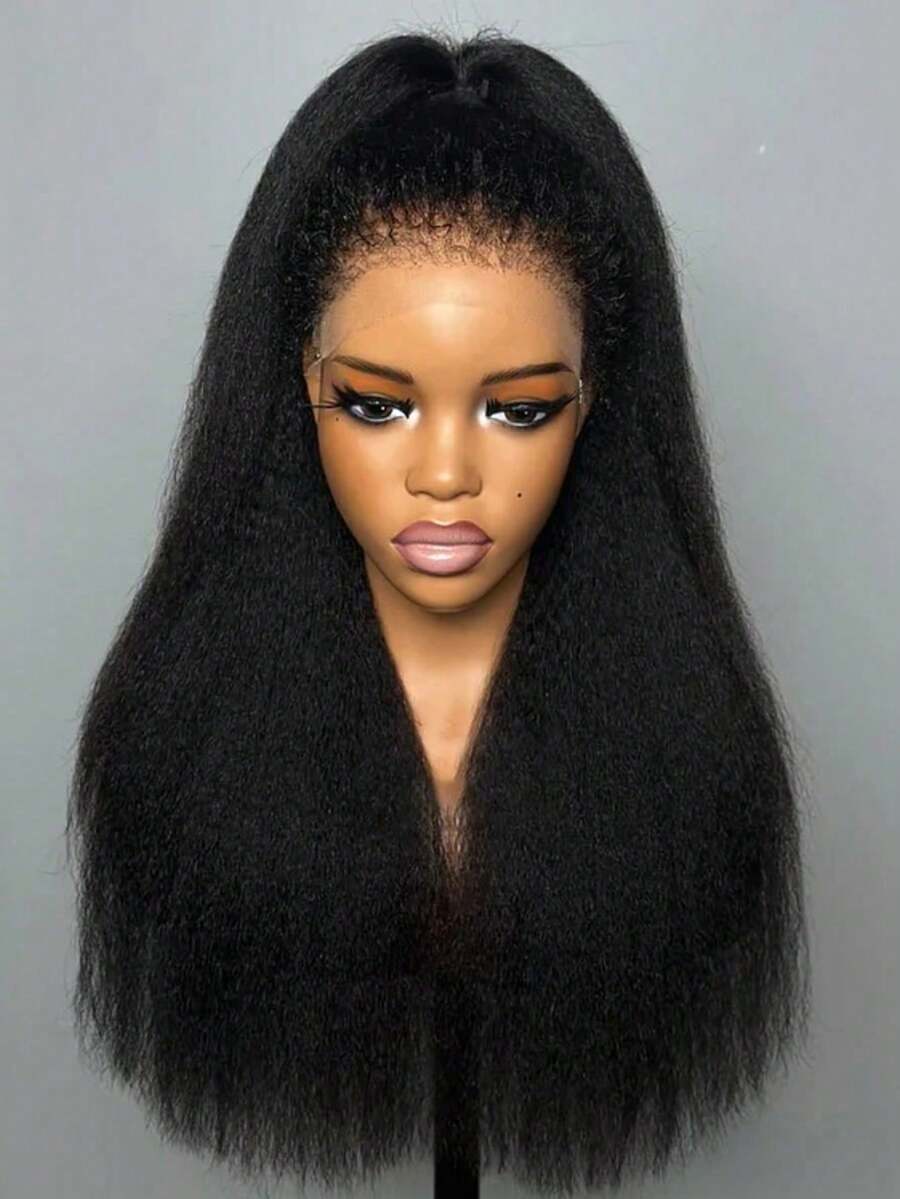 Dollface Invisible Strap 360 Full Lace Wig Kinky Straight Human Hair Wig Lace Front Wig With Drawstring 360 HD Lace Frontal Wig 30 40 Inch - Natural Black - View 1