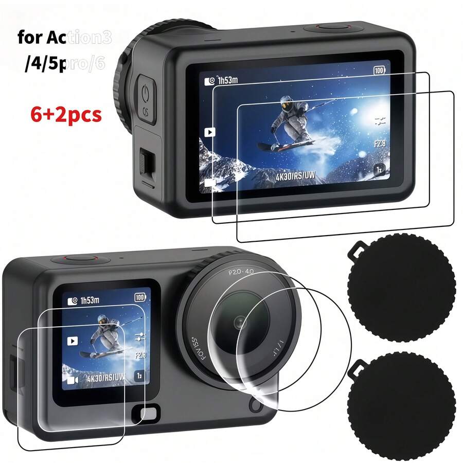 6pcs Tempered Glass Screen Protectors + 2pcs Lens Covers, Compatible With DJI Action 6/5 Pro/4/3 Front And Rear Screen Lens Tempered Glass Protective Film + Protective Cover, Ultra-Clear Tempered Glass Protective Film, Scratch-Resistant, Bubble-Free, Highly Scratch-Resistant.