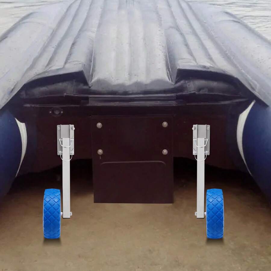 Set ruote di trasporto per gommoni gonfiabili, blu in acciaio inox e schiuma plastica, portata max. 150 kg, pneumatici Ø 25 cm per gommoni, trasporto breve in spiaggia - Blu - Visualizzare 1
