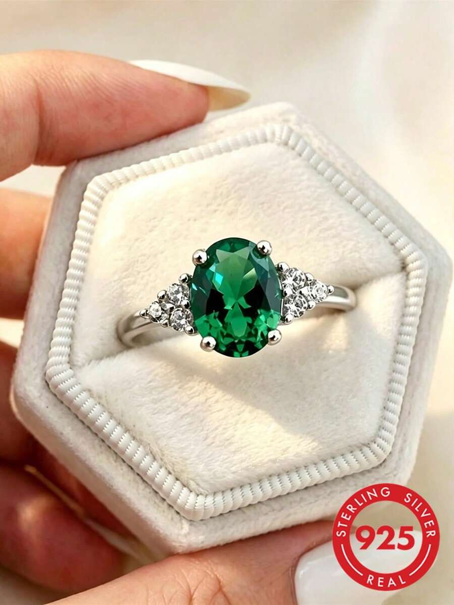 Luxury Unique Emerald Green S925 Sterling Silver Ring, Women's Jewelry, With Faux Gemstone, Hypoallergenic, Nickel-Free - Green - View 1