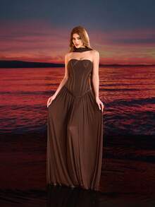 Elegant Brown Ribbon Decor Backless Lace-Up Bandeau Ultra-Long Mermaid Skirt Party Formal Dress 2-Piece Set - Brown - View 5