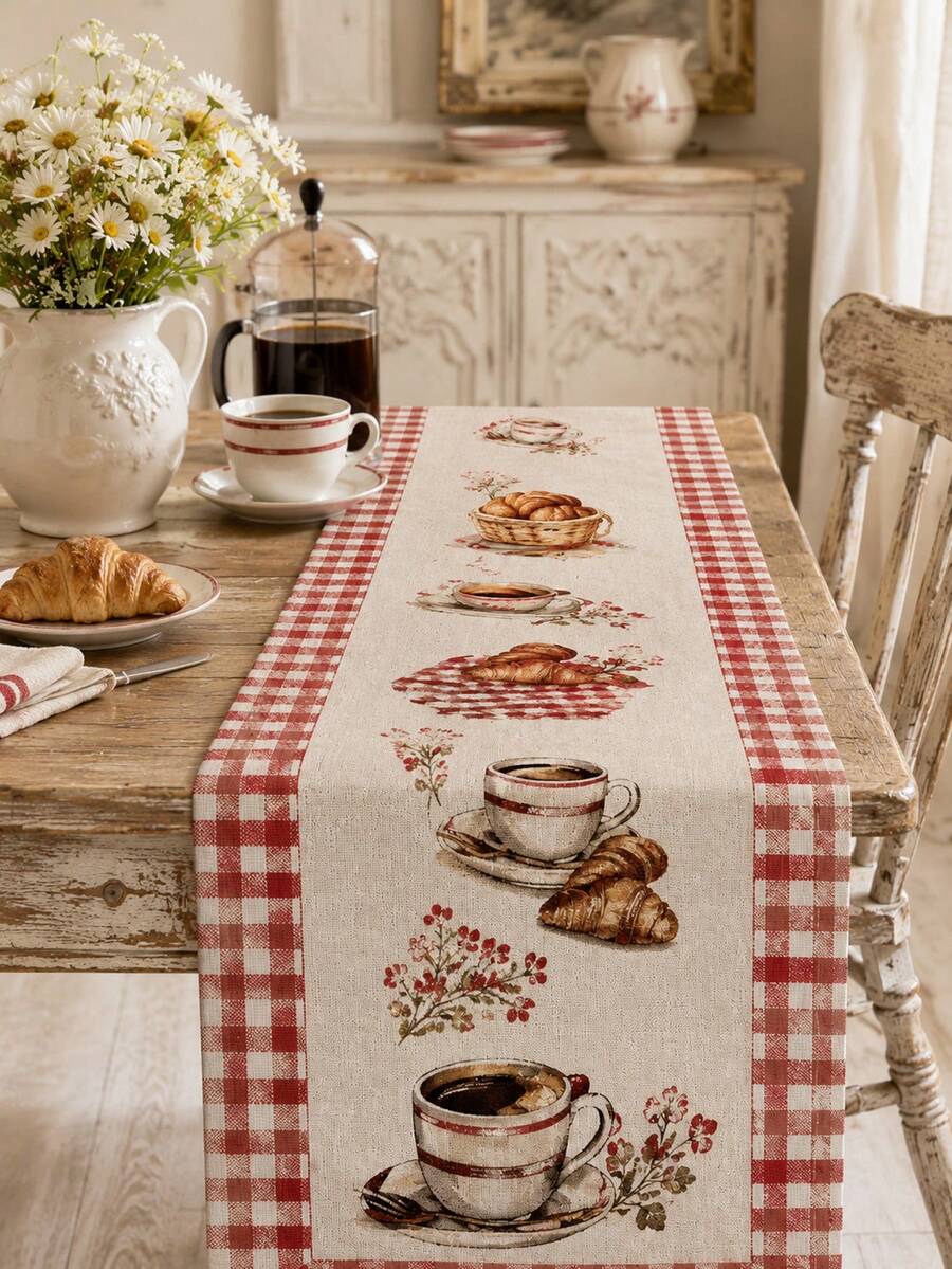 1pc Coffee Croissant Print Linen Table Runner, Farmhouse French Country Rectangular Table Runner With Red Gingham Border, Rustic Dining Table Decor For Kitchen, Coffee Bar, Breakfast Table, Cafe, Brunch Party And Everyday Home Use - Multicolor - View 1