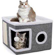 Large Cat Cave Bed With Scratching Board And Fluffy Ball Foldable Cat Cozy House 41X41X32CM - Grey - View 4