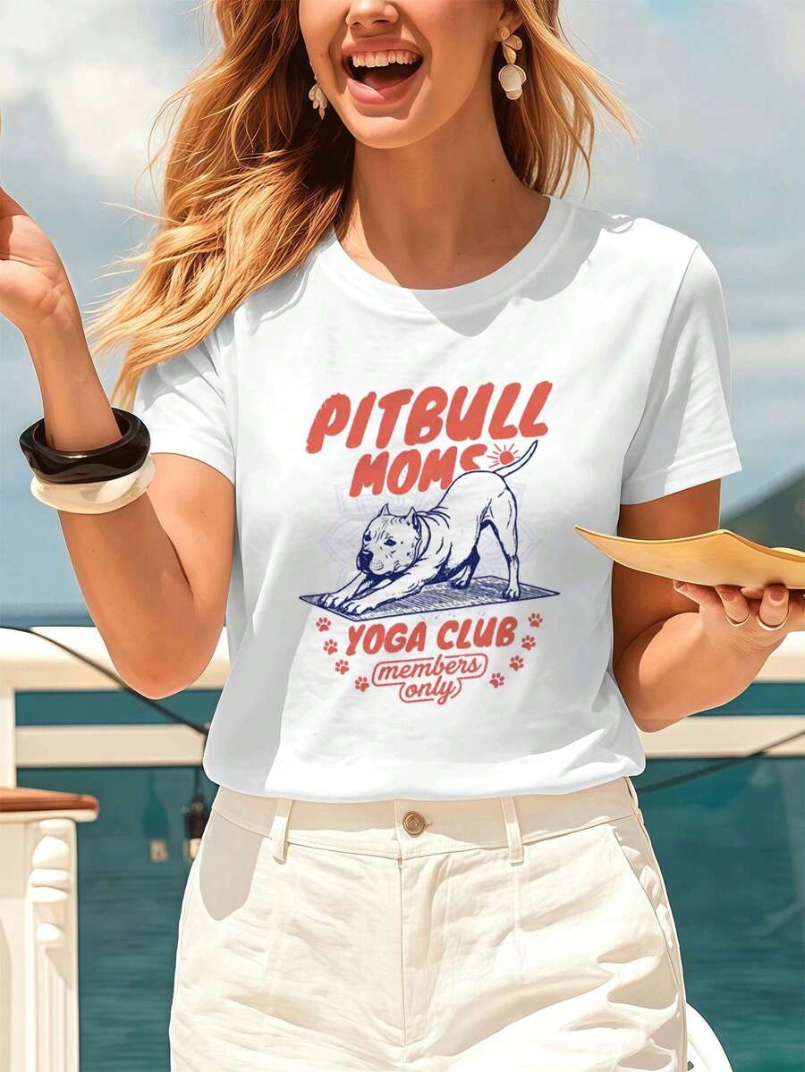 Pitbull Mom Yoga Club Graphic Tee, 100% Cotton, Relaxed Fit, Hip Hop Street Style, Art Print - White - View 1