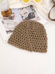 1pc Vintage Hollow Out Knitted Beanie, Pearl Pendant Headscarf, Vacation Style Mesh Cap, Boho Chic - Multicolor - View 7