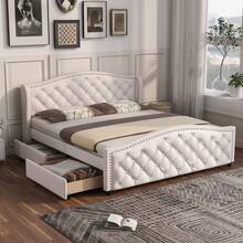 Bed Frame 160 X 200 Cm - With Slatted Base, 2 Drawers And Headboard With Hook Points – Wood & Faux - 白色 - 查看 1