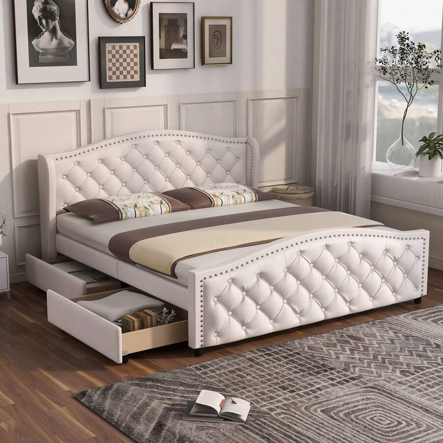 Bed Frame 160 X 200 Cm - With Slatted Base, 2 Drawers And Headboard With Hook Points – Wood & Faux - 白色 - 查看 1