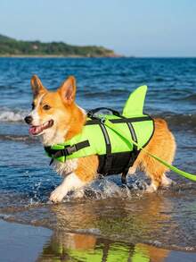 Cute Shark Pattern Dog Life Jacket, Adjustable High Buoyancy Puppy Swim Vest, Suitable For Summer Boating - Green - View 2