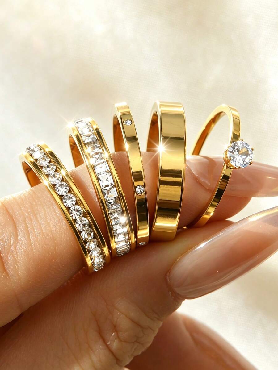 5pcs Elegant Stainless Steel Round & Square Single Row Zirconia Rings Set, Suitable For Daily Wear, Date, Party, Holiday, Gentle Accessories For Women - Gold - View 1