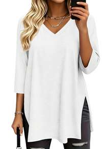 3pcs Solid Color V-Neck Short Sleeve Casual Tops, Fashion Spring/Summer New Women's Loose Side Slit Mid-Length T-Shirts, Versatile Streetwear Daily Outing Style - Dark Grey + White + Black - View 4
