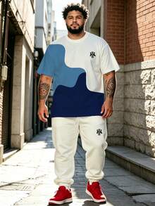 Men's Street Casual Minimalist Series "Wave Multi-Color Patchwork Trident" Pattern Sports Set - Polyester Knit Fabric, Crew Neck Design, Drawstring Cuffed Pants, Pocket Details, Regular Fit, Suitable For Plus Size - Royal Blue - View 1