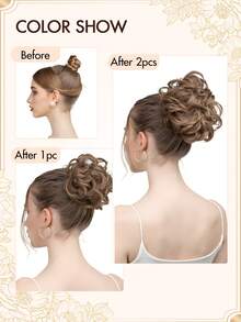 1 Pc Messy Hair Bun Updo Chignon With Elastic Hair Rope, Real Human Hair Extensions, Thick Tousled Wavy Curly Scrunchie Bun Ponytail Hair Accessory For Daily Elegant Hairstyles Women - Multicolor - View 6