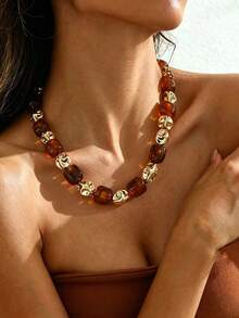 17KM 3/1pc Vintage Elegant Bohemian Resin Beaded Necklace Set, Adjustable, Suitable For Women's Daily Wear - Multicolor - View 4