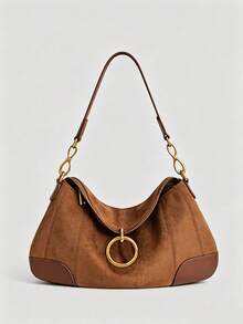 1pc Camel Color Suede Patchwork Shoulder Bag, Niche Design Underarm Bag, Round Pendant Handbag, Fashion Commute Vintage Texture Women's Bag, Daily Casual Clutch - Camel - View 11