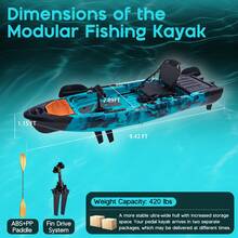 Modular Pedal Fishing Kayak With Fin Drive System, Lightweight HDPE Sit-On-Top Fishing Boat, Adjustable Seat, Large Storage, Portable 2-Piece Design, Paddle Included, 420 Lbs Capacity - Fin Drive - View 2