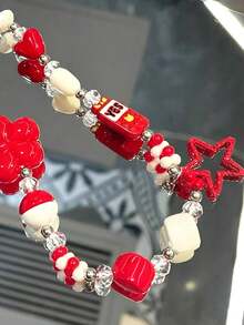 1pc Red White Beaded Phone Lanyard Cute Flower Heart Star Fries Charm Wrist Strap Y2K Aesthetic Phone Chain For Girls - Multicolor - View 3