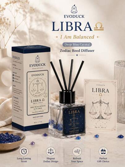 EVODUCK Libra Sternzeichen Schilf Diffusor 50ml, Rosen-Amber Duftöl Diffusor mit tiefblauem Kristall & 4 Faser-Schilfstäben, flammenlose Raumduft für Schlafzimmer Badezimmer Büro, Astrologie Geburtstagsgeschenk für Frauen, Sternzeichen Raumdekoration