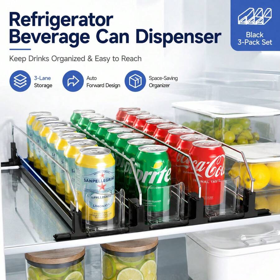 Dispenser de Latas de Bebidas para Geladeira, Organizador Automático de Bebidas com Rolagem para Geladeira, Suporte de Armazenamento de Latas de Refrigerante com Divisórias Ajustáveis, Suporte de Organização de Cozinha para Cerveja, Cola, Bebidas e Garrafas - Multicolorido - Visão 1