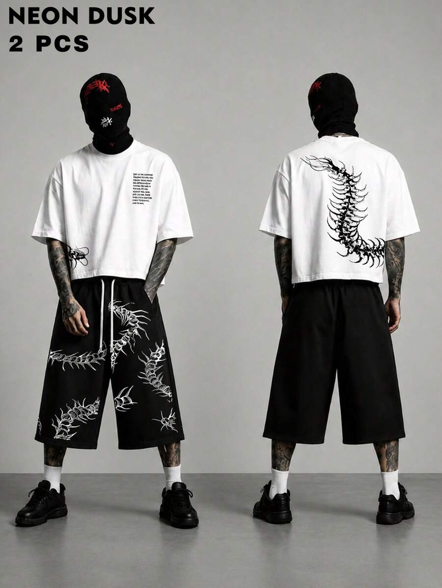 2件組百足蟲圖案T恤與短褲套裝,Grunge暗黑Y2K風格,白色上衣配黑色褲子,適合男士街頭穿搭 - 彩色 - 查看 1