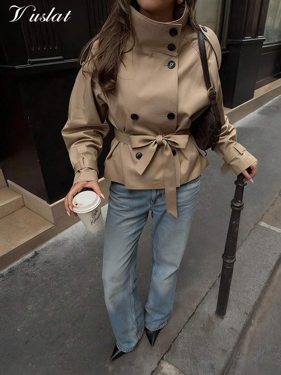 Vusalt Women's Vintage Loose Short High Collar Casual Commuter Trench Coat, Suitable For Women's Outerwear, Spring Clothing, Commuter Office Attire, Daily Wear, Street Fashion - Khaki - View 1