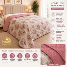 Cobre Leito Queen Floral 2,60x2,40 Dupla Face Macio Matelado Acabamento Premium - Rosê - Visão 3