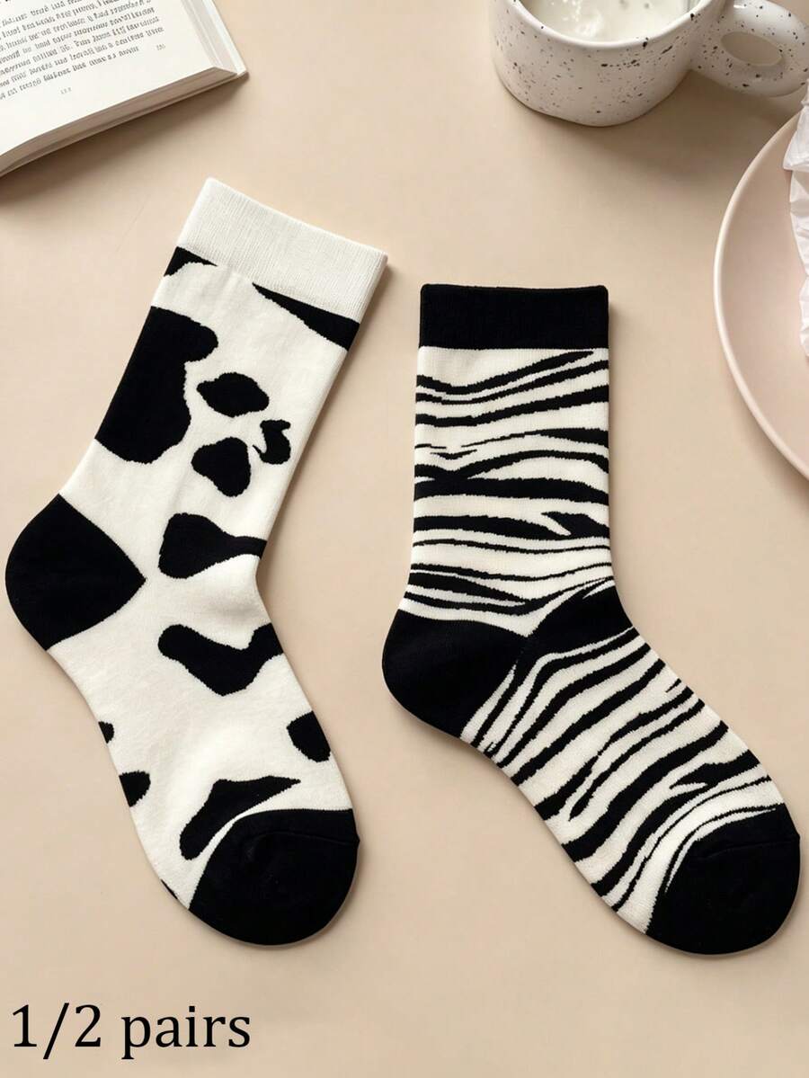 1/2 Pairs Women's Black & White Dairy Cow & Zebra Stripe Colorblock Ribbed Mid-Calf Socks, Fashionable Style For Outings, Casual Comfortable Design, Simple Versatile Style For Daily Wear & Home, Black & White Basic Colors, Dairy Cow, Black And White Splicing - Black and White - View 1