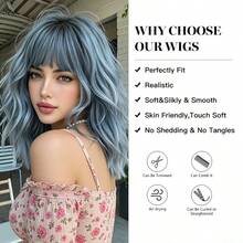 Women's Short Curly Wig (Blue-Grey Gradient, With Bangs) - Synthetic Fiber Wig Suitable For Daily Wear, Cosplay And Party; Features Rose Inner Net Design, Voluminous And Naturally Blended; Wavy Curl Style, Suitable For Halloween, Music Festival And Other Occasions, Fits Multiple Skin Tones - Blue Ombre - View 7