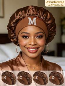 1pc Pearl Letter Print Satin Sleep Cap, Elastic Wide Band, Silky Hair Protection Cap, Suitable For Women's Night Sleep, Travel And Daily Hair Care - Multicolor - View 4
