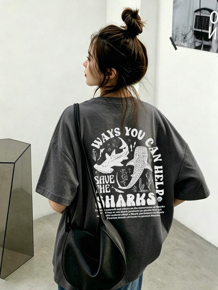 Kaos Wanita Kasual Leher Bulat Lengan Pendek dengan Motif Huruf & Kelautan, Serbaguna untuk Musim Semi/Panas - Abu-abu gelap - View 1