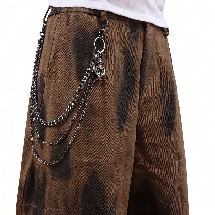 1pc New Men's Pants Chain, Fashionable Personalized Multi-Layer Double Sword Skull Pendant, Punk Multi-Layer Pants Chain - Black - View 1