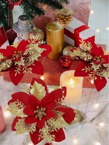 6/12/18/24pcs Artificial Christmas Flowers, Shiny Christmas Flowers, Suitable For Home, Wedding, Party, Christmas Tree Wreath DIY Holiday Decoration - Champagne Christmas Flower Head - View 5