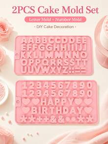 1 peça/2 peças Molde de Silicone para Bolo com Alfabeto e Números, Molde de Cozimento com Letras e Dígitos Rosa, Ferramenta de Decoração de Bolo de Aniversário DIY, Acessórios Criativos para Fazer Sobremesas, Suprimentos de Cozimento com Fácil Liberação para Festa em Casa - Multicolorido - Visão 1