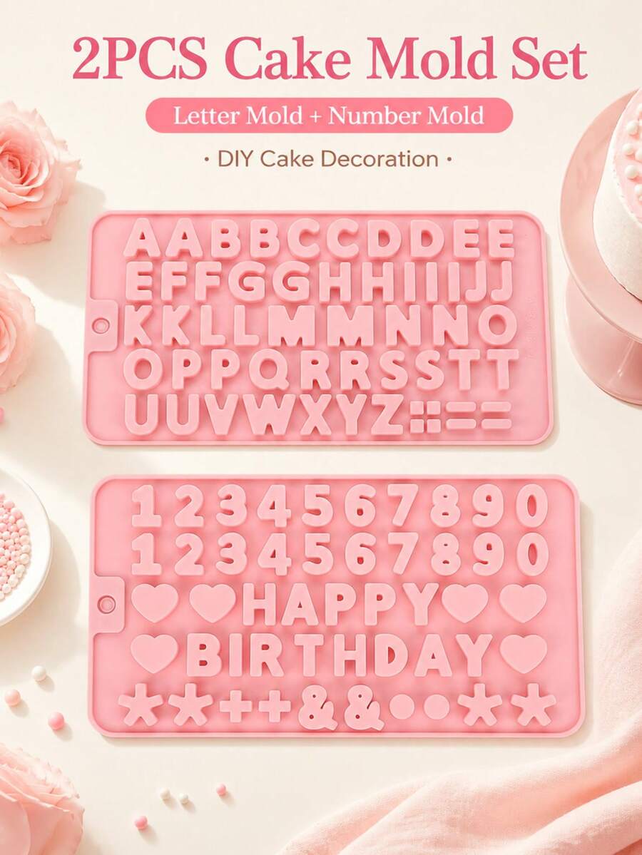 1 peça/2 peças Molde de Silicone para Bolo com Alfabeto e Números, Molde de Cozimento com Letras e Dígitos Rosa, Ferramenta de Decoração de Bolo de Aniversário DIY, Acessórios Criativos para Fazer Sobremesas, Suprimentos de Cozimento com Fácil Liberação para Festa em Casa - Multicolorido - Visão 1