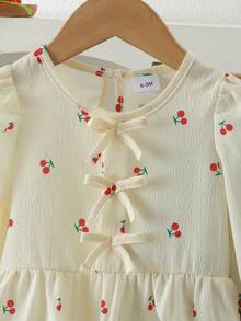 2pcs Baby Girl Spring/Autumn Set, Pastoral Style All-Over Cherry Ditsy Floral Long Sleeve Top With Embroidered Denim Jeans, Lightweight - Apricot - View 3
