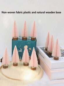 6pcs/1pc Mini Bottle Brush Christmas Tree With Wooden Base, Christmas Decoration, Artificial Plastic Mini Tree Handmade Ornament, Winter Snowy Christmas Table Party Decor (Pink) - Pink - View 6