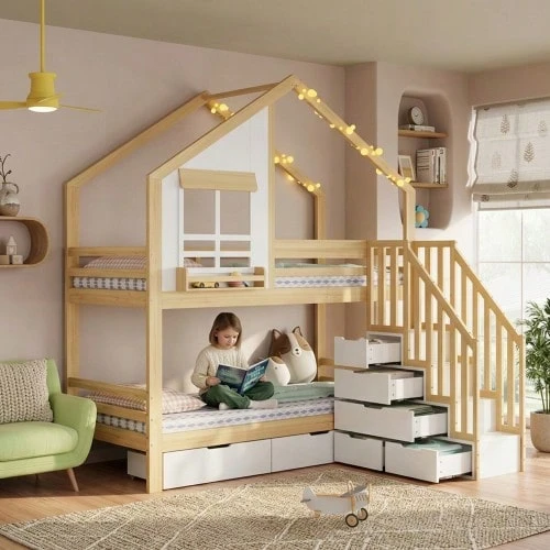 Bunk Bed, Children's Bed, Two Drawers With Wheels, Exquisite Window, With Handrails - 白色 - 查看 1