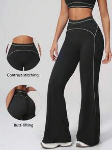 TimeOff Women's 1pc Colorblock White Line High Waist Tummy Control Butt Lifting Wide Leg Sports Pants - Black - View 1