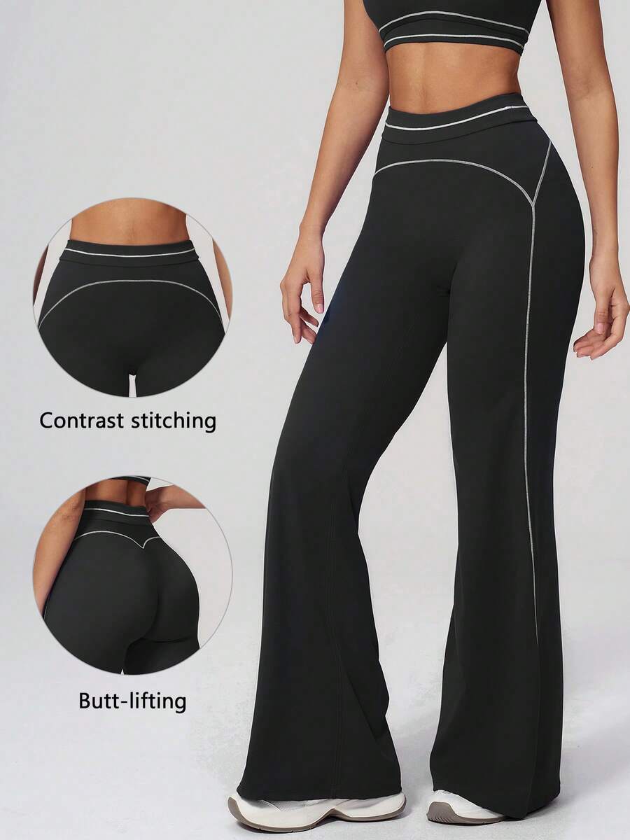TimeOff Women's 1pc Colorblock White Line High Waist Tummy Control Butt Lifting Wide Leg Sports Pants - Black - View 1