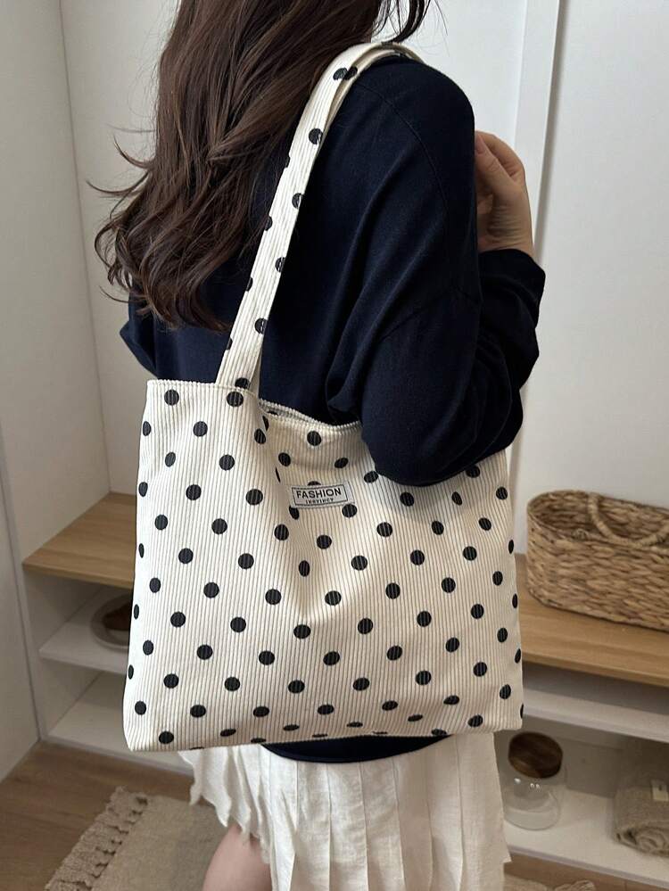 Corduroy Polka Dot Shoulder Tote Bag - White - View 3