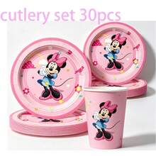 Pink Bow Mouse Birthday Disposable Tableware Set, Round Paper Plates, Paper Cups, Cute Cartoon Flower Sun Cloud Mouse Pink Sweet Theme Birthday Party Dinner Supplies - Multicolor - View 6