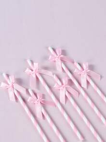 Pink Striped Satin Bow Paper Straws, Disposable Decorative Drinking Straws For Bridal Shower Birthday Wedding Party Table Supplies - Striped Bow Style - View 5