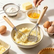 1 Set Home Kitchen Gadgets, Wooden Handle Stainless Steel Potato Masher, Manual Egg Beater, Kitchen Baking Tools Home Gift Set, Practical Holiday Gift, New Home Opening Gift, Kitchen Small Gift - Multicolor - View 2