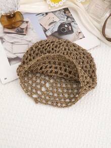 1pc Vintage Hollow Out Knitted Beanie, Pearl Pendant Headscarf, Vacation Style Mesh Cap, Boho Chic - Multicolor - View 6