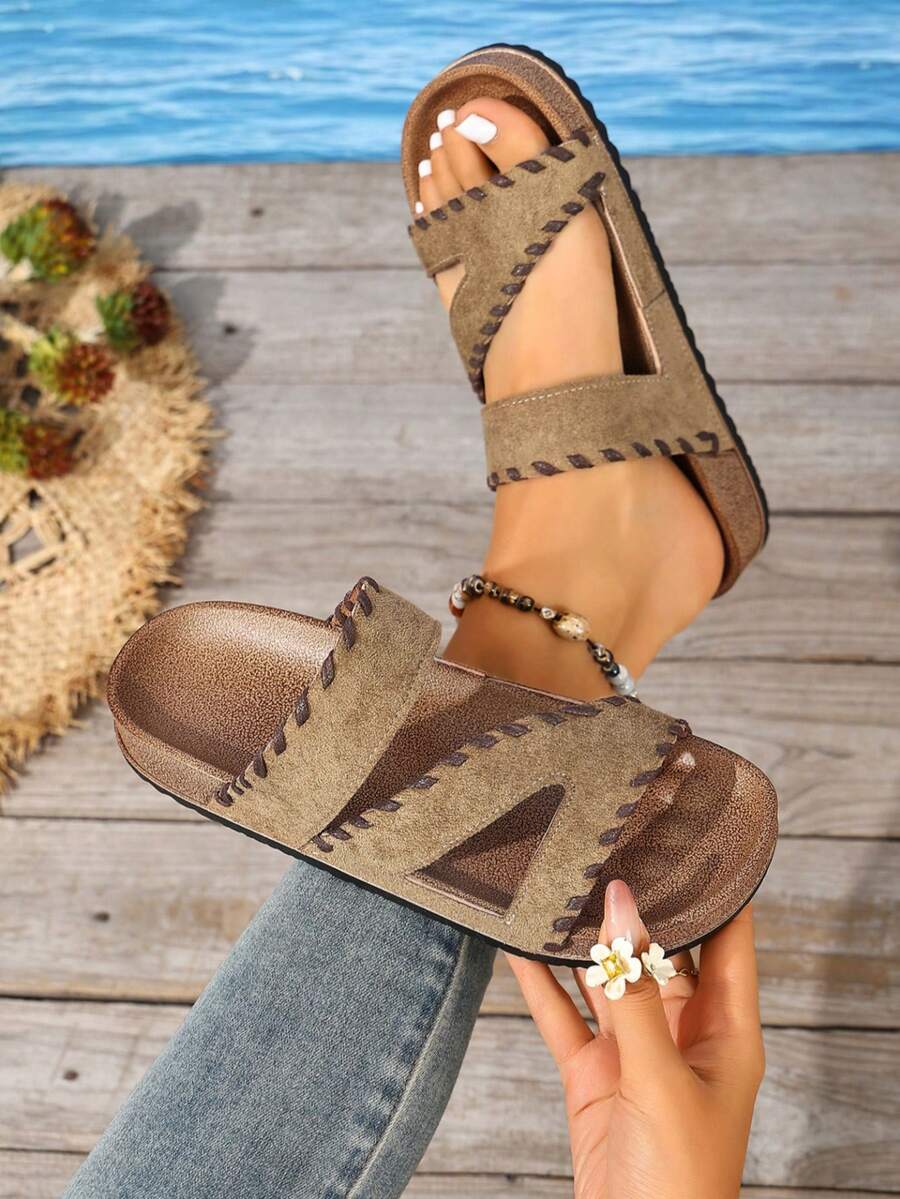 Vintage Distressed Suede Flat Summer Slides, Women's Casual Beach Holiday Outdoor Walking Comfortable Insole Sandals - Khaki - View 1