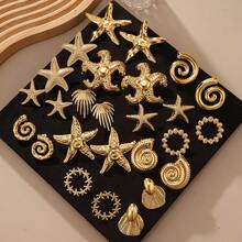 5 pares de pendientes con diseño de concha de caracol dorada & estrella de mar, conjunto de pendientes de concha, estilo aleatorio, sin caja - Amarillo Oro - Ver 1