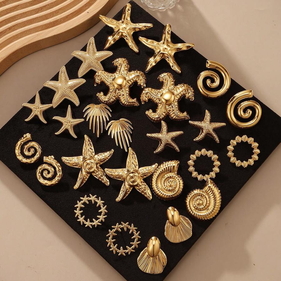 5 pares de pendientes con diseño de concha de caracol dorada & estrella de mar, conjunto de pendientes de concha, estilo aleatorio, sin caja - Amarillo Oro - Ver 1